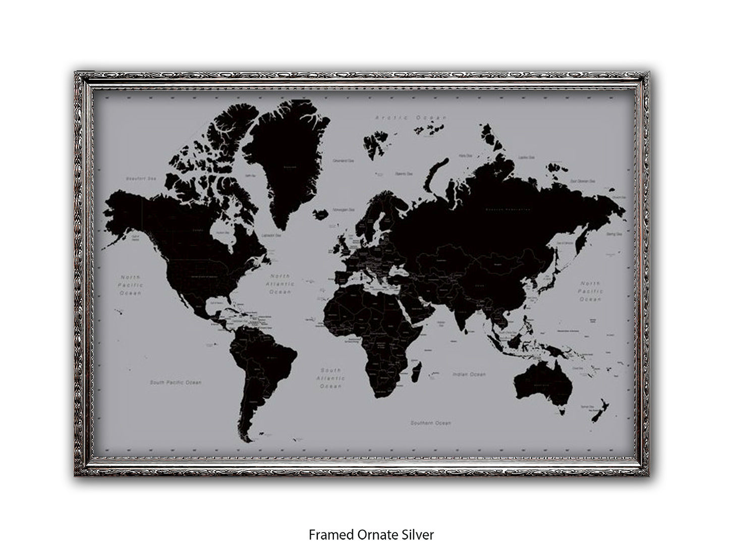 World Map | Black and Silver Minimalist | Wall Decor Poster
