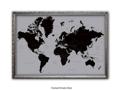 World Map | Black and Silver Minimalist | Wall Decor Poster