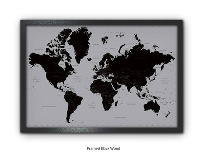 World Map | Black and Silver Minimalist | Wall Decor Poster