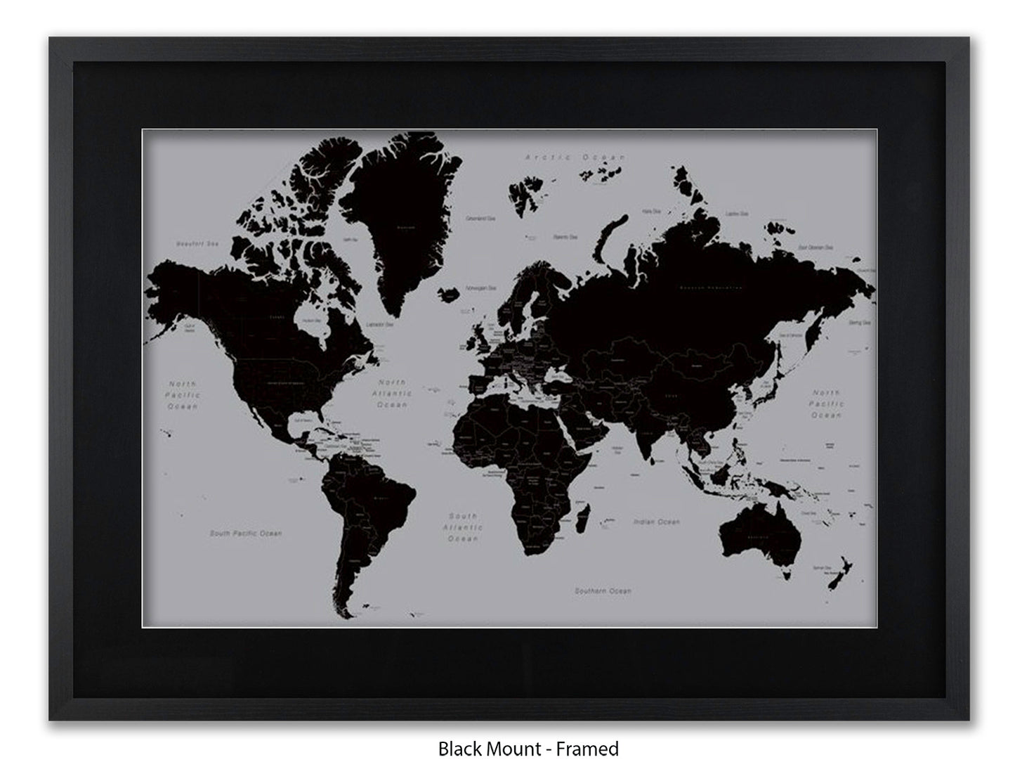 World Map | Black and Silver Minimalist | Wall Decor Poster