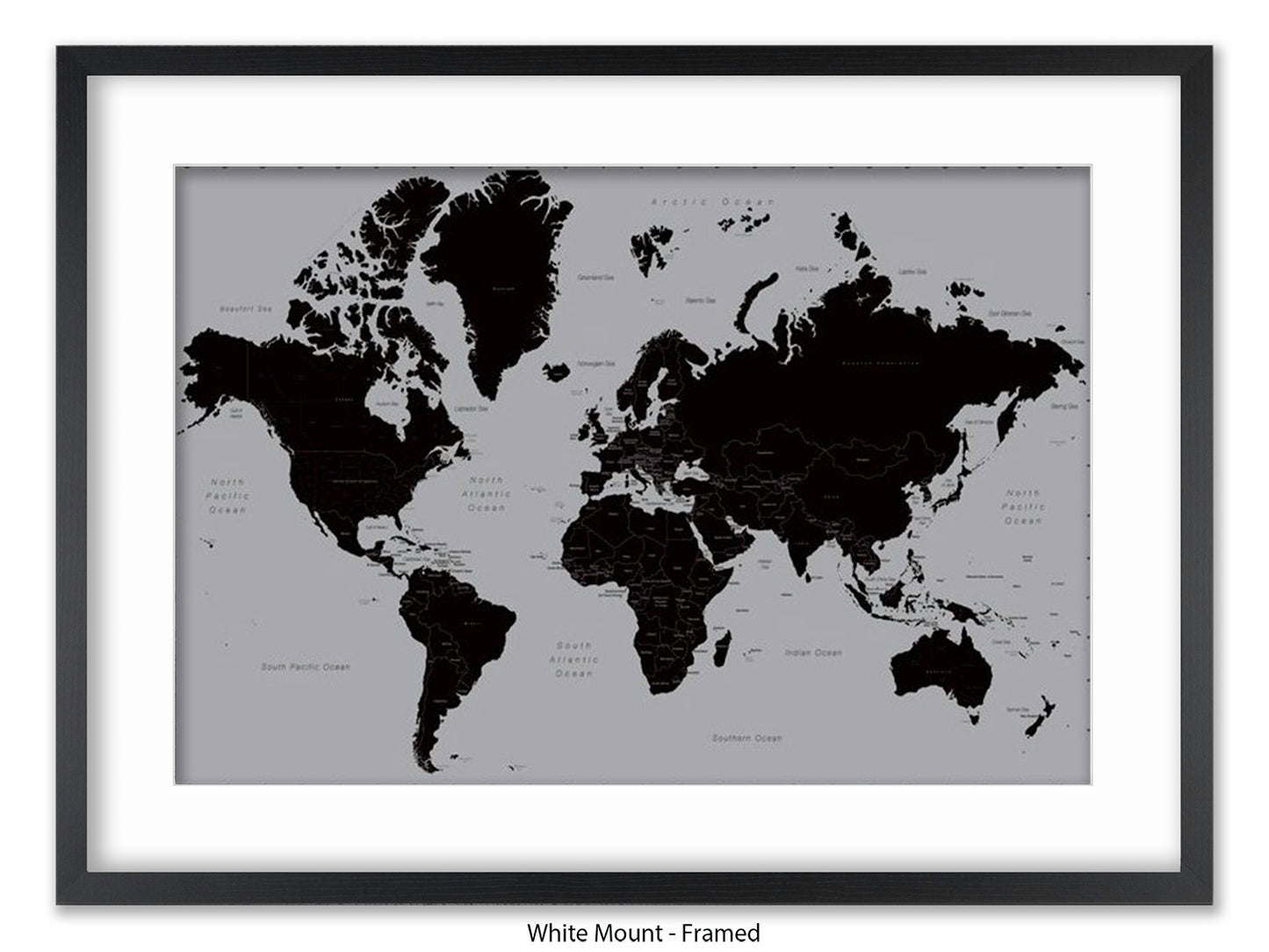 World Map | Black and Silver Minimalist | Wall Decor Poster