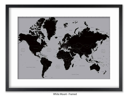 World Map | Black and Silver Minimalist | Wall Decor Poster
