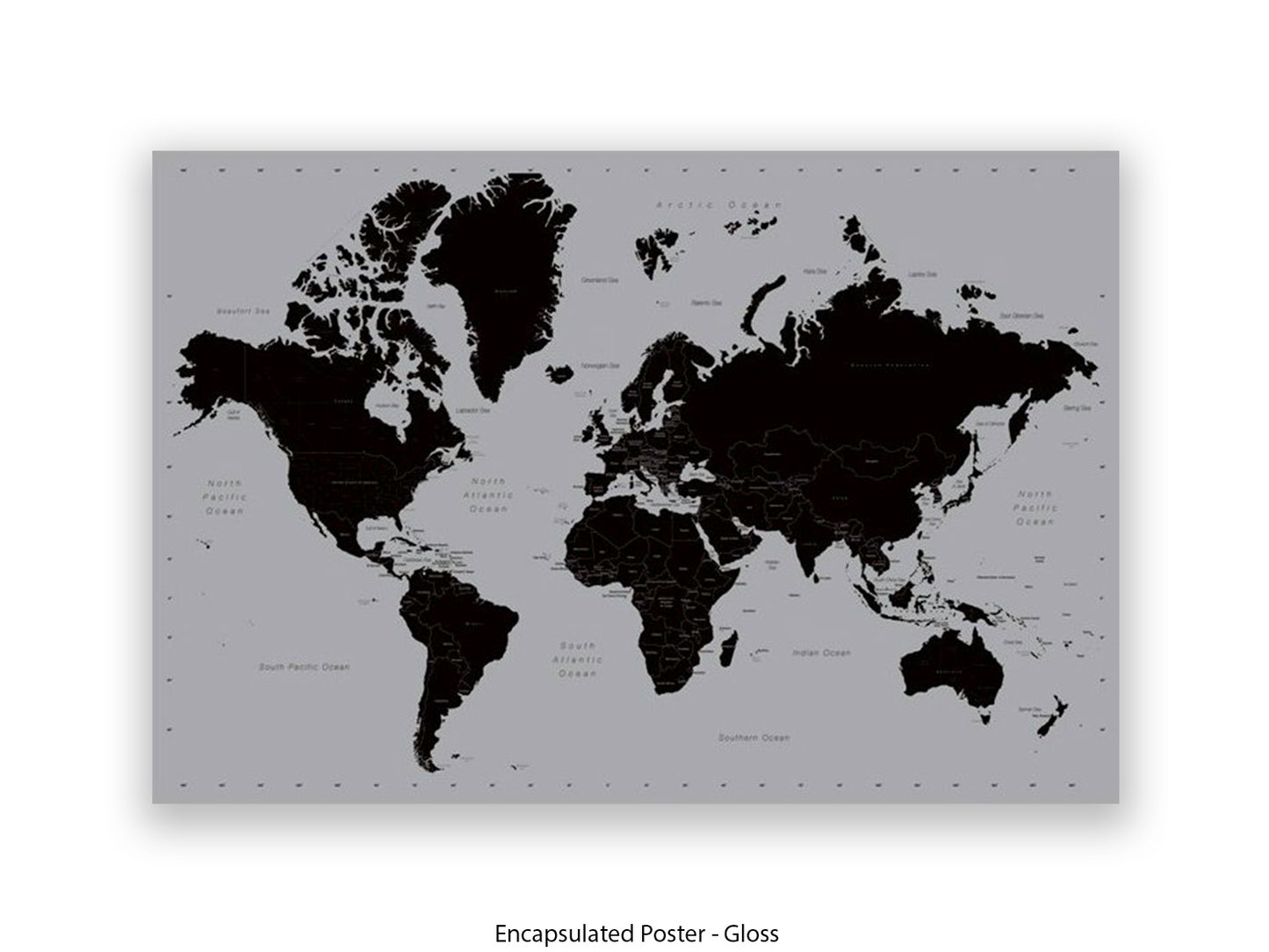 World Map | Black and Silver Minimalist | Wall Decor Poster