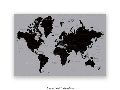World Map | Black and Silver Minimalist | Wall Decor Poster