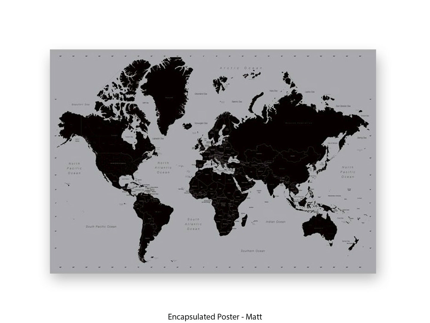 World Map | Black and Silver Minimalist | Wall Decor Poster
