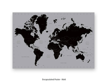 World Map | Black and Silver Minimalist | Wall Decor Poster