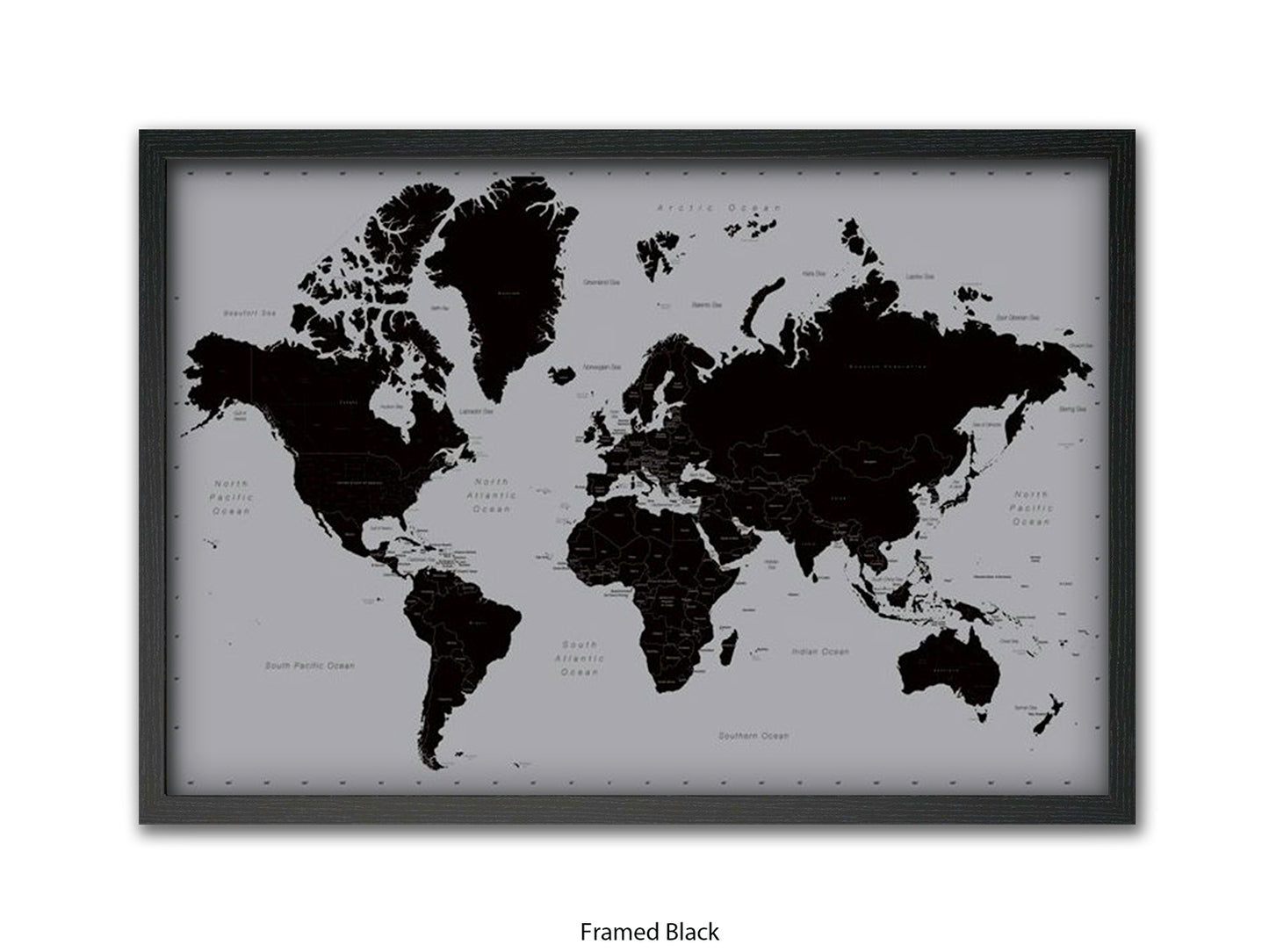 World Map | Black and Silver Minimalist | Wall Decor Poster