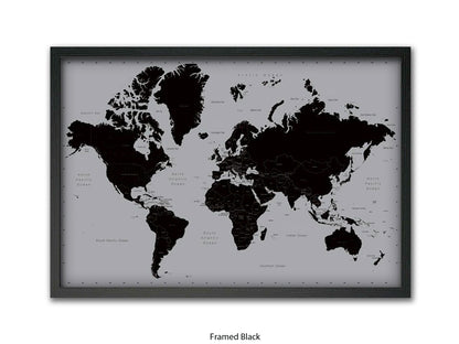 World Map | Black and Silver Minimalist | Wall Decor Poster