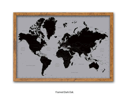 World Map | Black and Silver Minimalist | Wall Decor Poster