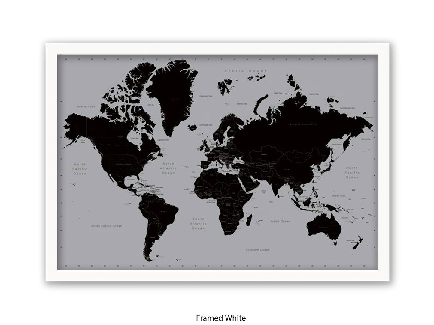 World Map | Black and Silver Minimalist | Wall Decor Poster