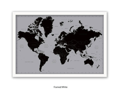 World Map | Black and Silver Minimalist | Wall Decor Poster