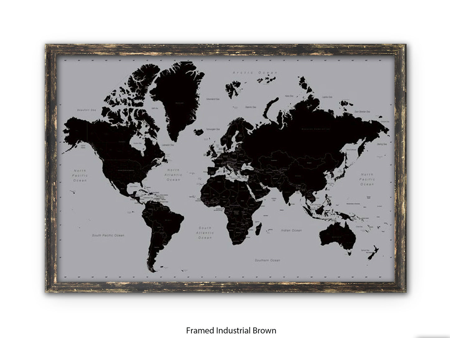 World Map | Black and Silver Minimalist | Wall Decor Poster