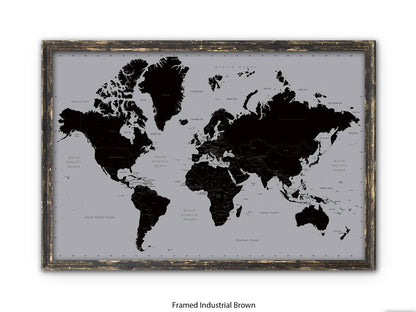 World Map | Black and Silver Minimalist | Wall Decor Poster