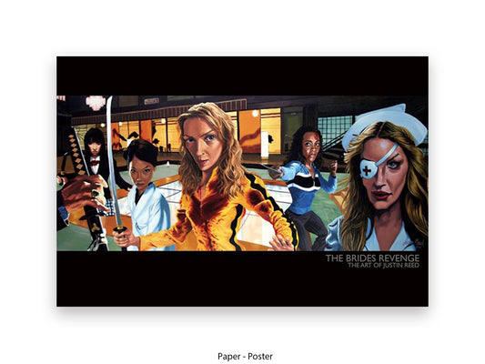 Kill Bill inspired art print The Bride's Revenge by Justin Reed, painting-style poster featuring The Bride in yellow jumpsuit with katana warriors