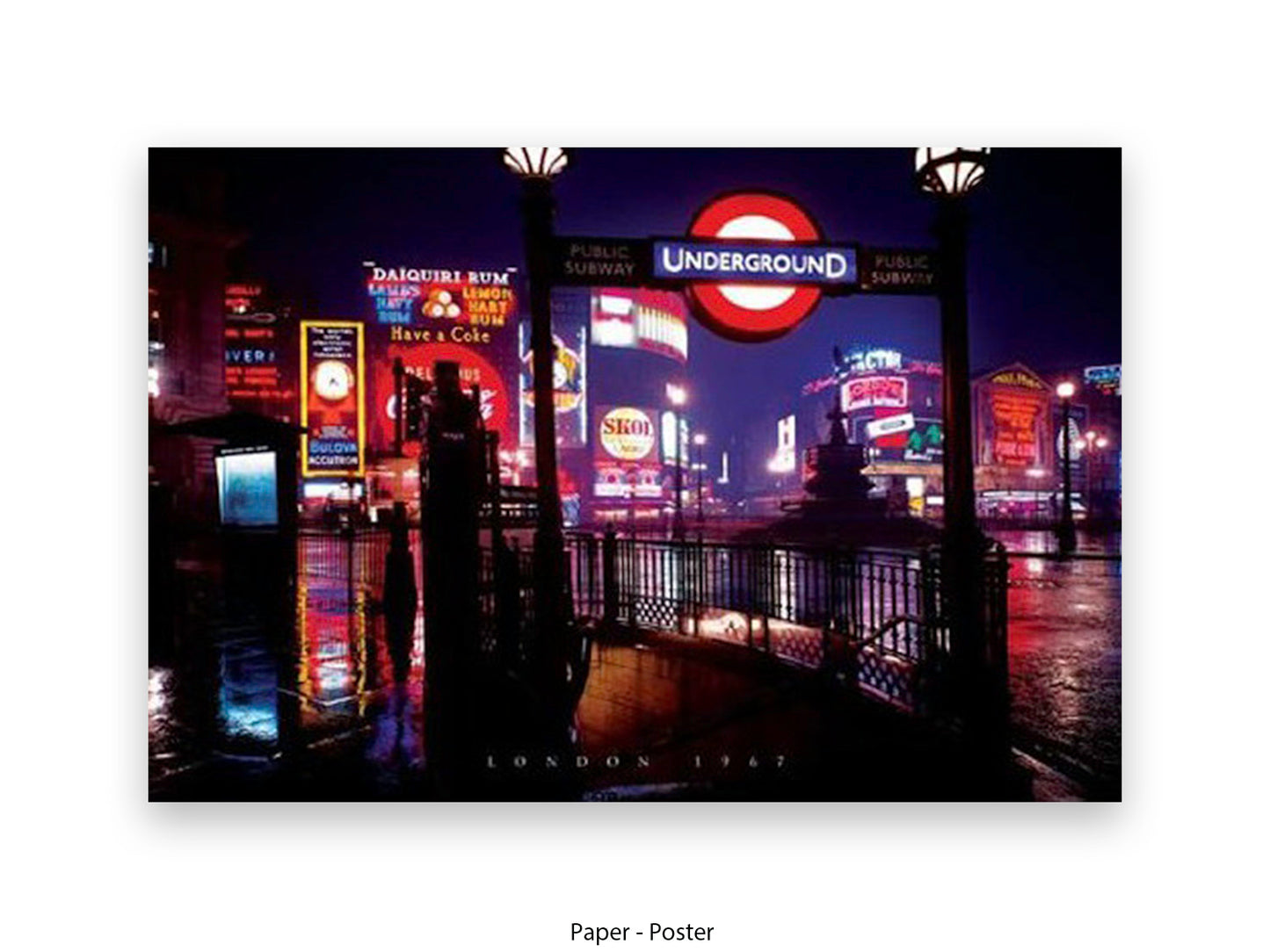 Vintage 1967 night photography of Piccadilly Circus, London, featuring the red Underground sign and neon advertisements reflected on wet pavement