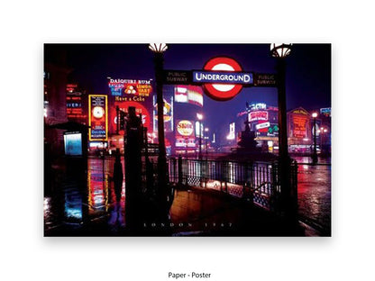 Vintage 1967 night photography of Piccadilly Circus, London, featuring the red Underground sign and neon advertisements reflected on wet pavement