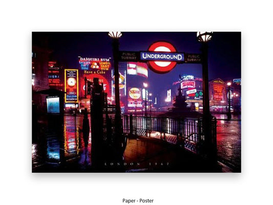 Vintage 1967 night photography of Piccadilly Circus, London, featuring the red Underground sign and neon advertisements reflected on wet pavement