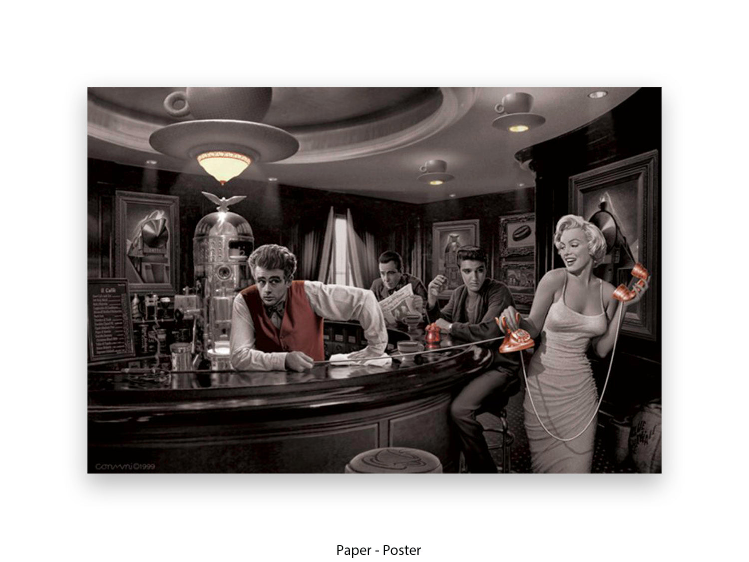Chris Consani Java Dreams art print showing Hollywood legends at a vintage cafŽ bar in black and white with gold accents