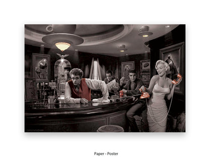 Chris Consani Java Dreams art print showing Hollywood legends at a vintage cafŽ bar in black and white with gold accents