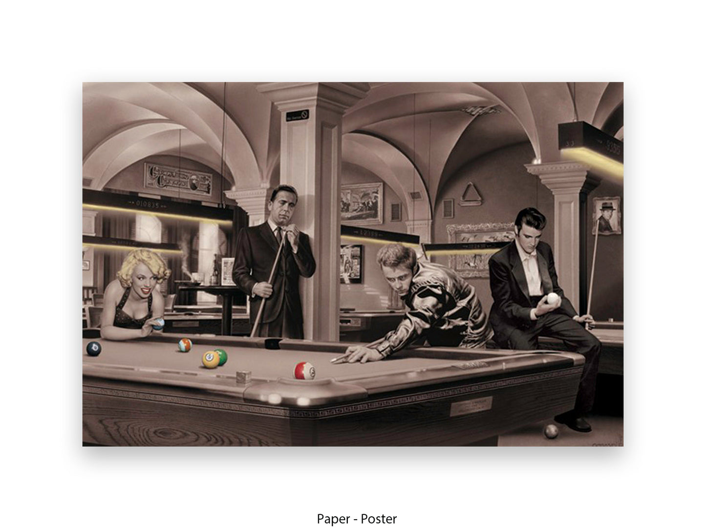 Chris Consani Pool Sharks art print showing Hollywood legends playing billiards in a vaulted hall, sepia tones with coloured pool balls