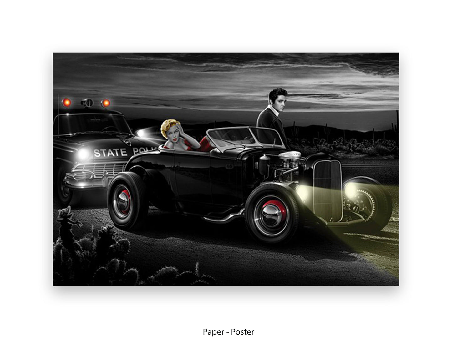 Chris Consani Last Run art print showing Elvis Presley and Marilyn Monroe in a black hot rod pulled over by state police on a desert road at night