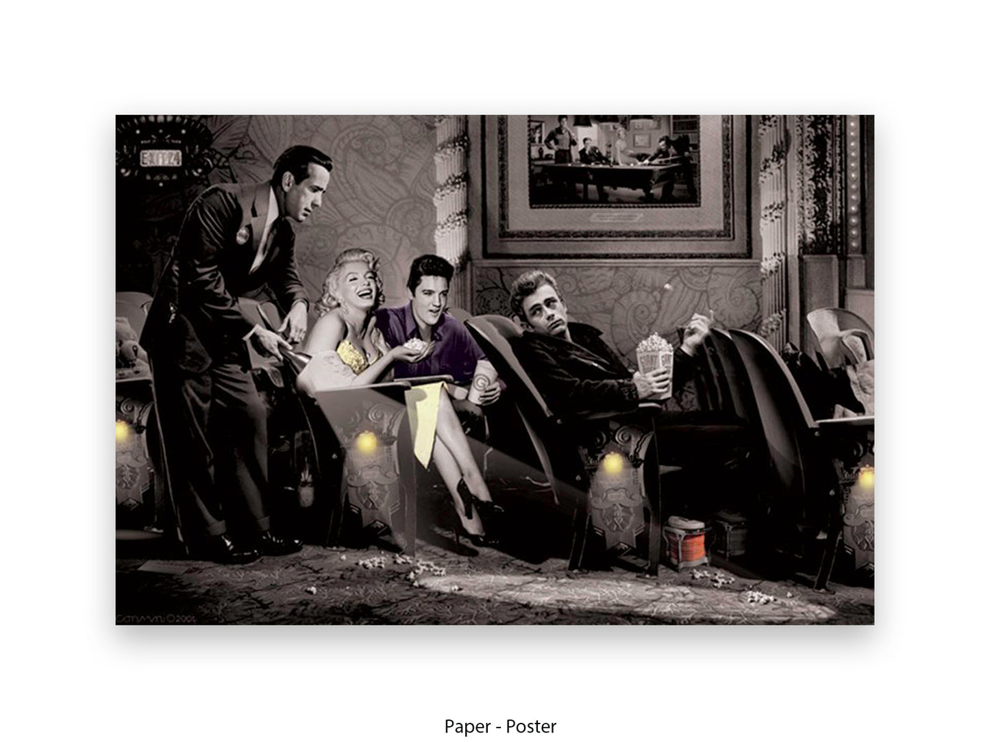 Chris Consani Pop Corn art print showing Hollywood legends Marilyn Monroe Elvis Presley James Dean and Humphrey Bogart at a vintage cinema eating popcorn