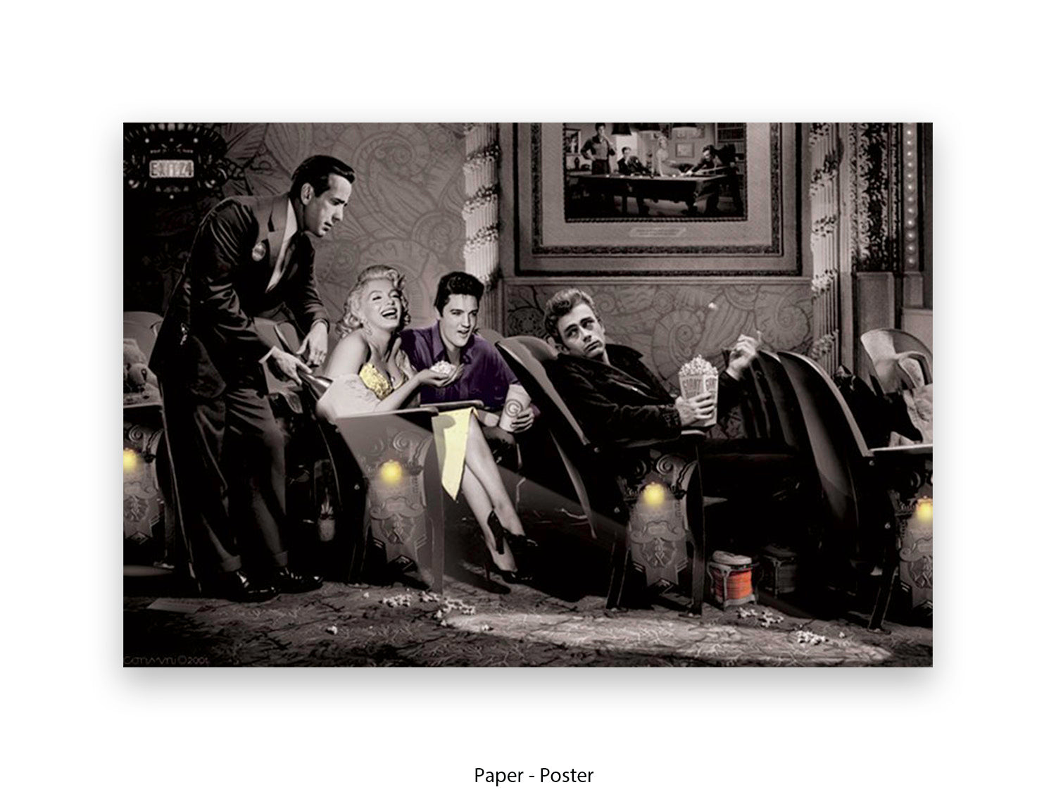 Chris Consani Pop Corn art print showing Hollywood legends Marilyn Monroe Elvis Presley James Dean and Humphrey Bogart at a vintage cinema eating popcorn