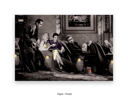 Chris Consani Pop Corn art print showing Hollywood legends Marilyn Monroe Elvis Presley James Dean and Humphrey Bogart at a vintage cinema eating popcorn