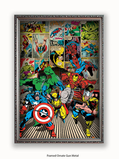 Marvel  Here Come The Heroes  Retro Poster