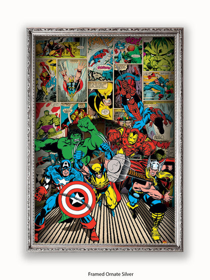 Marvel  Here Come The Heroes  Retro Poster