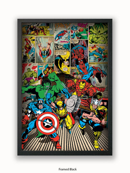 Marvel  Here Come The Heroes  Retro Poster