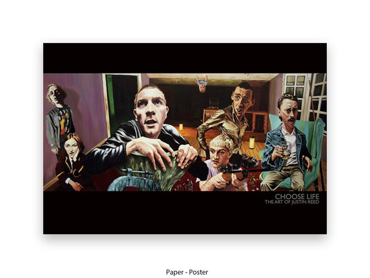 Choose Life Trainspotting inspired art print by Justin Reed, cinematic oil painting style poster featuring iconic film characters