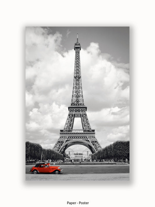 Paris Red Car Eiffel Tower Poster