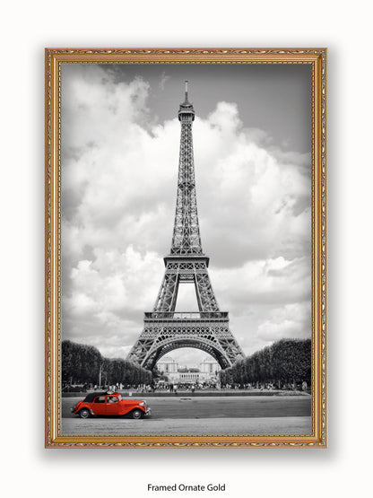 Paris Red Car Eiffel Tower Poster