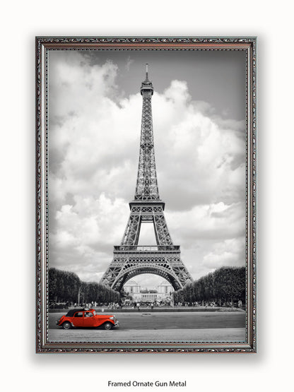 Paris Red Car Eiffel Tower Poster