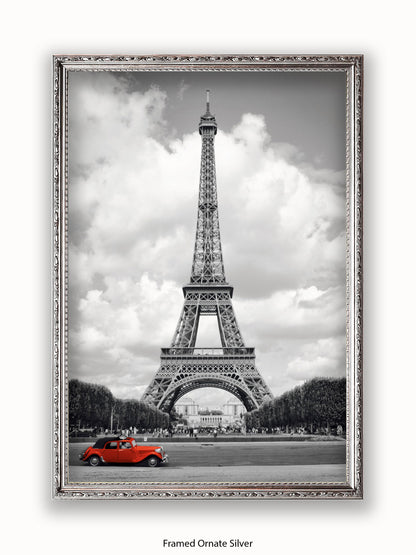 Paris Red Car Eiffel Tower Poster