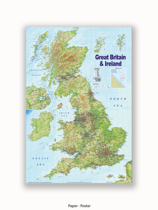 Unted Kingdom Physical Road Map Poster